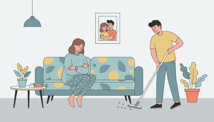 Fototapeta premium Man cleans the living room with a vacuum cleaner while his wife sits on the sofa with crossed arms looking annoyed.