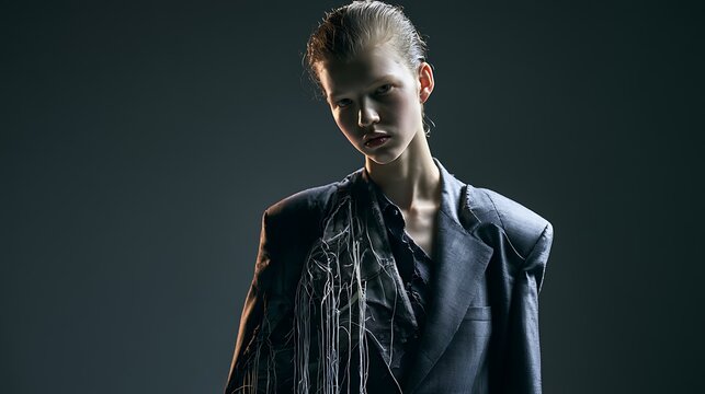 Prompt: A dark, high-fashion editorial portrait. A model wears a deconstructed slate-grey suit jacket with exposed internal canvas lining and dangling white threads, where one shoulder pad is 