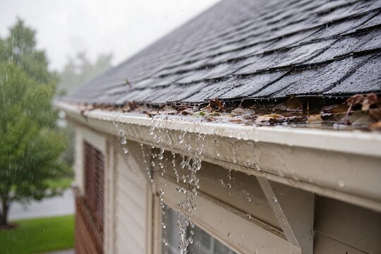 Rainwater overflowing from clogged gutter on residential home