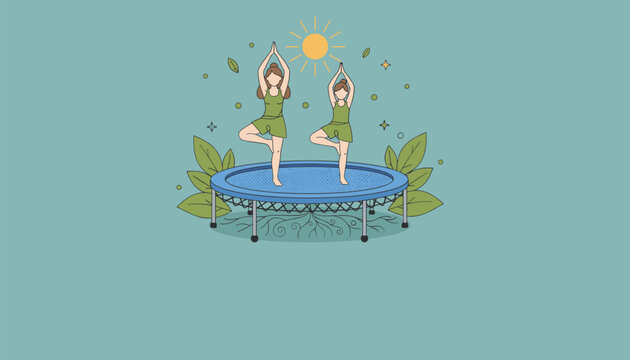 Outdoor yoga session features two women practicing the balance tree pose on a blue trampoline under a warm sun.
