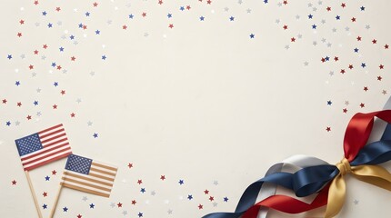 Obraz premium Labor day celebration american flags ribbons and confetti on neutral background