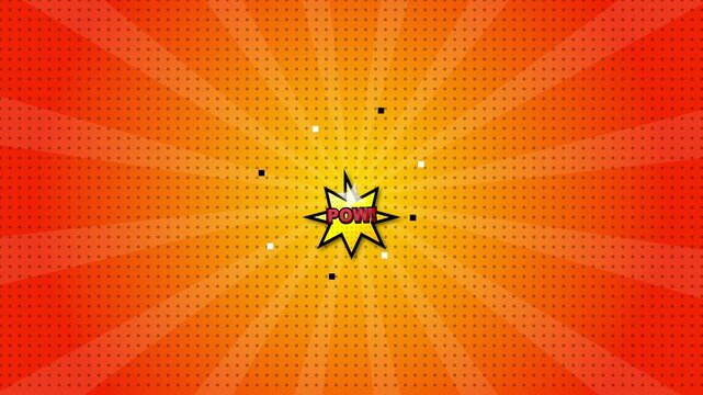 Animated comic book POW! sound effect graphic with yellow explosion bubble on orange radial sunburst background featuring vintage halftone dot pattern for video production.