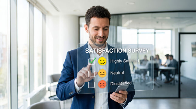 Professional man interacting with satisfaction survey on holographic interface