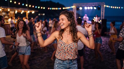 Naklejka premium Woman dancing at a summer beach party at night with string lights and live music