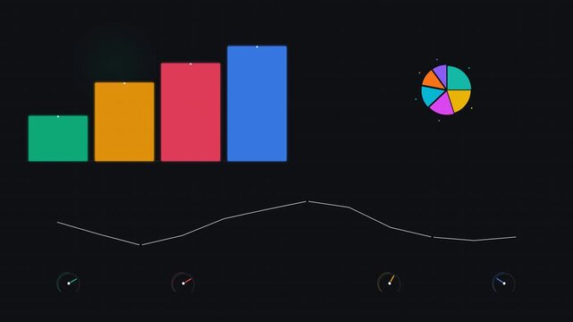 Dynamic motion of colorful bar chart and pie chart representing data analysis in a professional setting.
