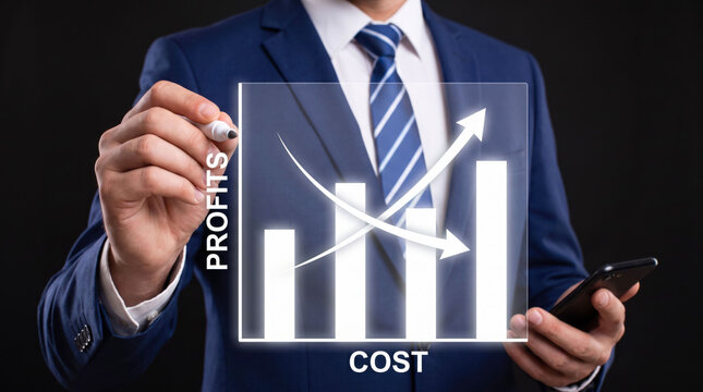 Business professional increasing profits while reducing costs with bar chart