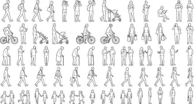 Set of diverse people line drawing silhouettes for architectural visualization urban life and community activities collection
