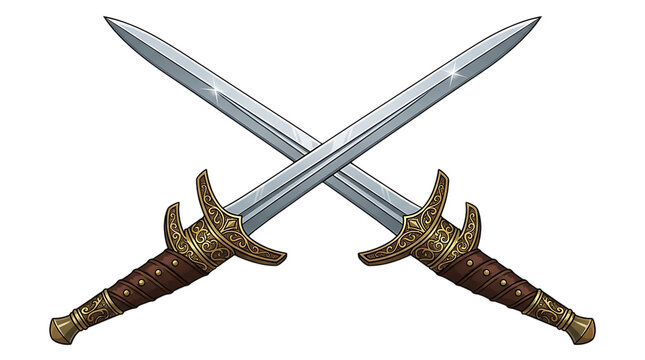Crossed medieval swords with ornate details on transparent background with striking design