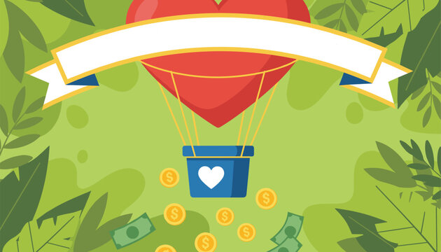 Charity and donation concept with a heart hot air balloon dropping gold coins and money bills with a blank banner.