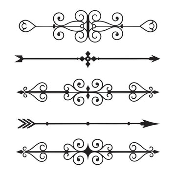 Decorative calligraphic line dividers set, vintage style page separators with ornate flourishes, symmetrical swirls, and pointed arrow endings for elegant document design.