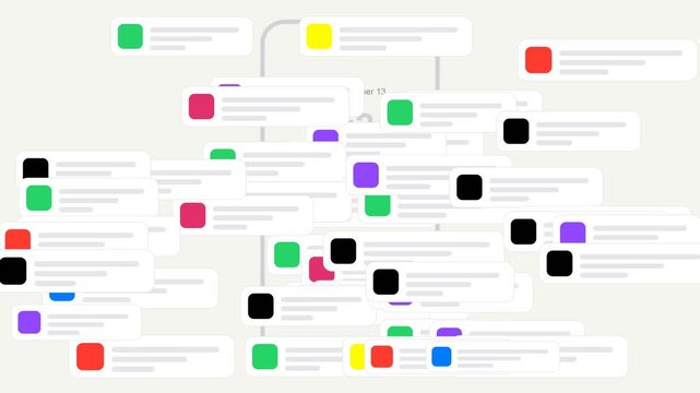 Smartphone outline with colorful digital notification cards floating and gliding on white background for mobile app promo