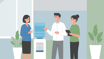 Fototapeta premium Three happy office colleagues talking and having a friendly conversation next to a blue water dispenser bottle.