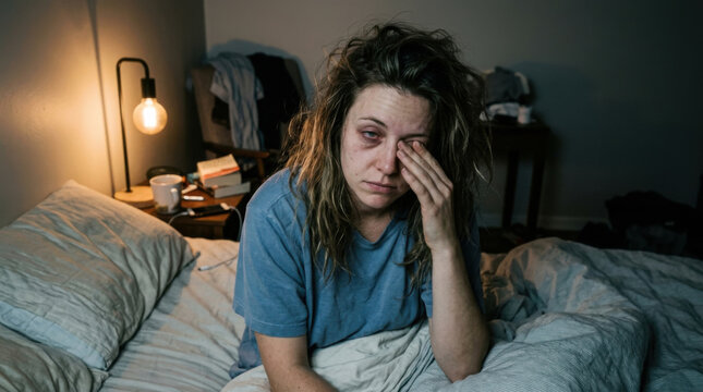 Sleep Deprived Woman Rubbing Tired Eyes In Dimly Lit Bedroom