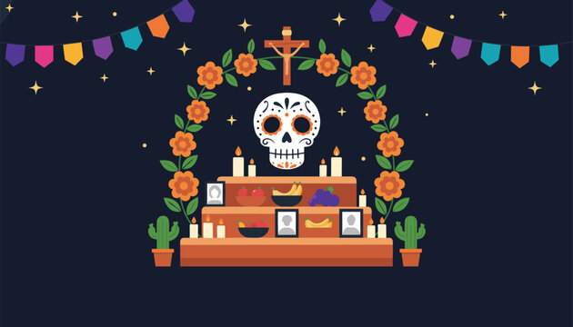 Traditional Mexican Day of the Dead altar decorated with a sugar skull, colorful marigolds, candles, and food ofrendas.