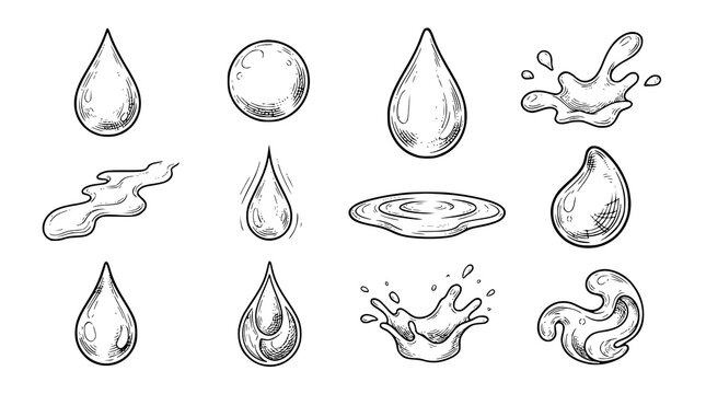 :
Hand Drawn Water Drops Sketch Vector Set with Black and White Ink Liquid Droplet Illustrations