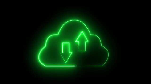 Bright Green Neon Cloud Computing Storage Icon Animation Featuring Data Sync Arrows on Black Background.