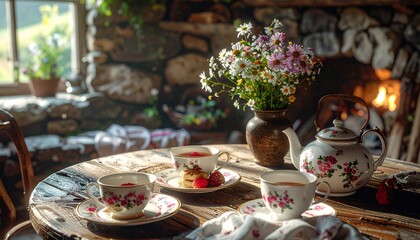 Fototapeta premium Cozy afternoon tea setup with scones by the fireplace.