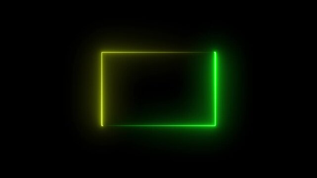 Neon line double Glowing yellow and green color frame background animation .Rectangle and black background. 4k video.
