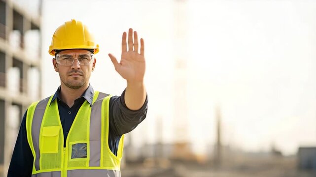 A construction worker in a hard hat and safety vest raising his hand in a stop gesture.