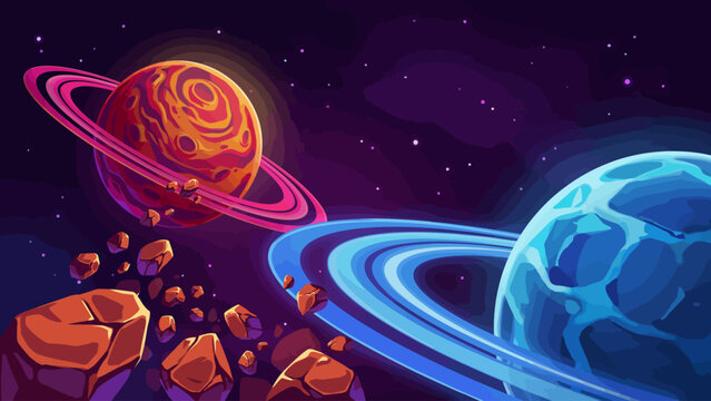 Colorful space illustration featuring planets with rings and asteroids in cosmic scene