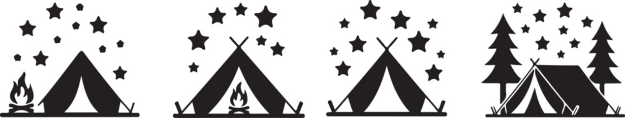 Camping Scene Silhouette Vector Icons With Stars And Tents © Masud