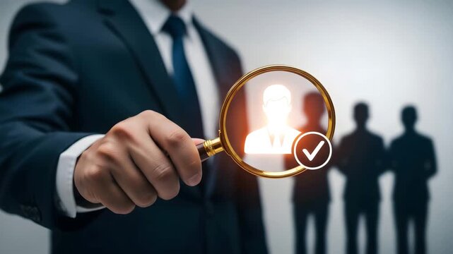Man in suit with magnifying glass on figure for the concept of recruitment and selection.