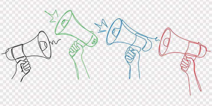 Set continuous one line drawing of hands holding megaphone. Editable vector illustration. transparent background, continuous one line drawing of hand holding megaphone set for announcement and protest