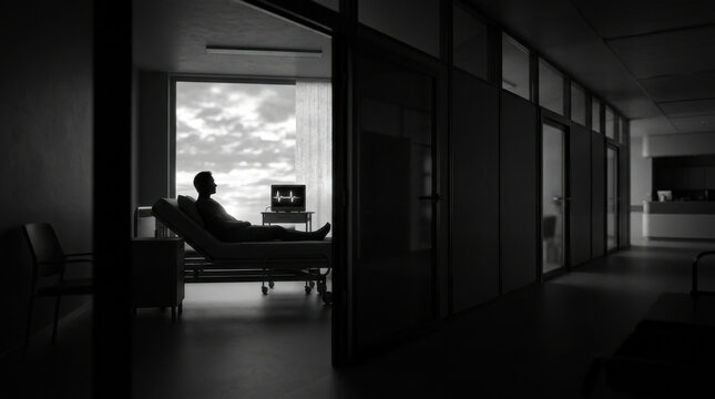 Solitary Patient Gazing Out Hospital Window Towards Hopeful Sky