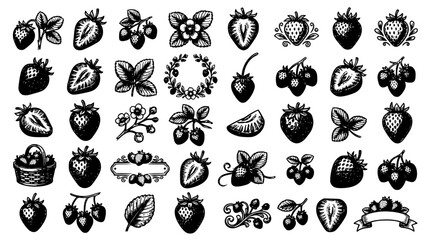 Vintage strawberry and wild berry vector illustration mega set featuring detailed woodcut etching engraving style farm garden harvest elements © Kulsum
