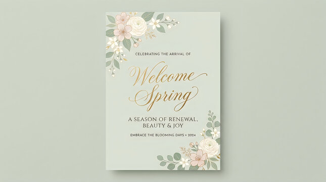 Elegant floral welcome spring announcement with soft pastel colors and golden calligraphy for seasonal greetings