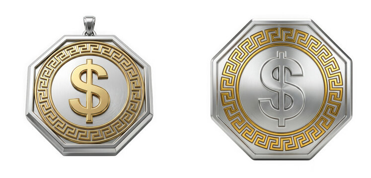 Octagonal silver and gold dollar sign pendants  isolated on transparent background