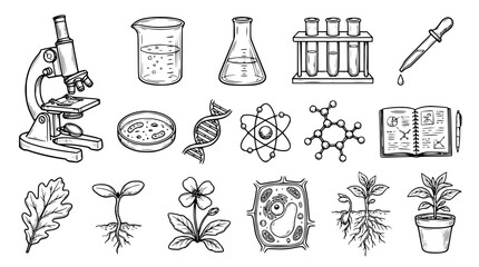 Science laboratory and biology education sketch vector set with microscope beaker flask test tube dna and plant botany icons © Kulsum