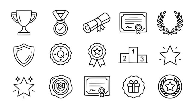 Award trophy and success achievement line art icon vector set featuring medal scroll certificate podium and shield badges