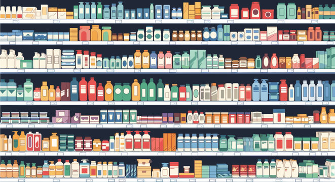 Supermarket shelves densely packed with rows of colorful shampoo, lotion, and personal care cosmetic bottles seamless background pattern.