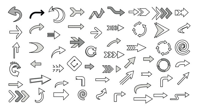 Large collection of diverse grey outline arrow icons, directional pointers, and cycle symbols on white background.