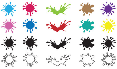 Fototapeta premium Colorful Paint Splash Vector Set, Ink Splatter Icon Collection, Paint Splat Clipart Bundle, stock vector, icon set, splash vector
