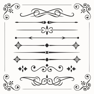 Vintage typographic text dividers and corner frames set with elegant filigree scrolls and decorative diamond motifs for classic page layout design elements isolated on white background style.