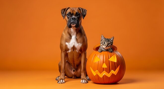 Boxer dog and tabby kitten with jack o' lantern for halloween