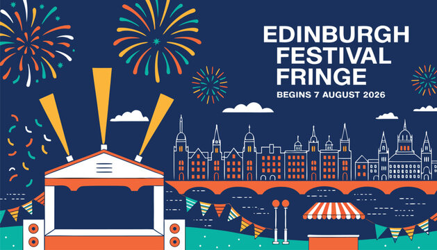 Colorful Edinburgh festival fringe poster with fireworks and city skyline