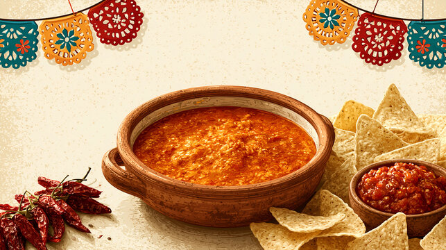Papel picado decoration with tortilla chips, queso dip and salsa