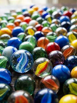 Colorful glass marbles collection close-up
