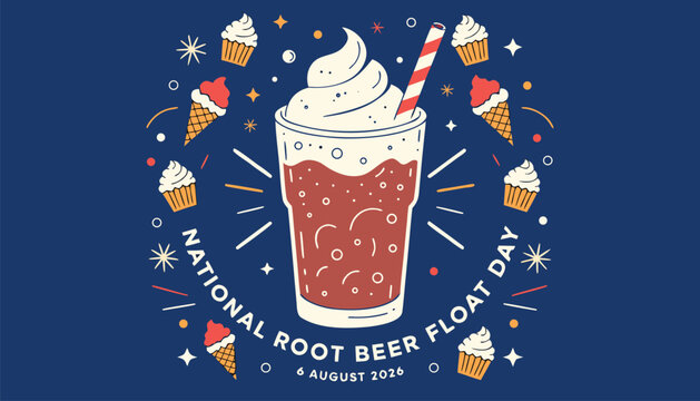 Decorative illustration celebrating national root beer float day with ice cream