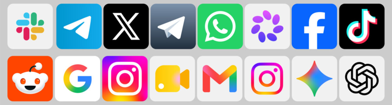 social media icon set or social network logos, whatsapp, linkedin, x, telegram x, youtube, snapchat, tiktok, facebook, instagram, slack, gmail, google meet, gemini, chatgpt, meta ai, logo, vector icon