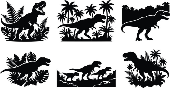 Tyrannosaurus Rex silhouette collection in prehistoric jungle, T-Rex dinosaur and tropical forest vector set, jurassic wildlife and ancient predator icons, minimalist dinosaur landscape symbols