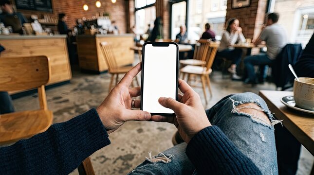Realistic phone mockup in cafe setting showcase app or website design with lifestyle presentation