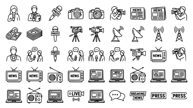 Journalism and mass media broadcasting doodle line icon set featuring news reporters television anchors video cameras satellite dishes and breaking news signs