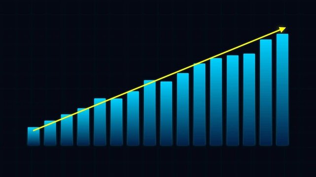 Dynamic motion of ascending blue bar graph with trend line representing growth and progress in financial data analysis.