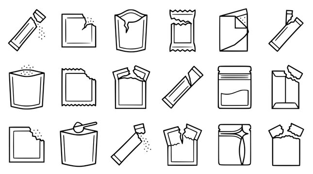 Flexible packaging line icon set featuring open torn stick packs sachet pouches sugar packets zip bags container wrap symbols interface design