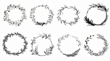 Fototapeta premium Elegant Black White Floral Wreath Designs Vector Illustrations For Digital Art Projects