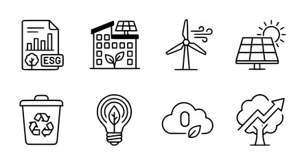 Environmental sustainability and corporate ESG line icon set featuring solar panels wind turbines recycling systems and renewable green energy symbols © AlviAhmed